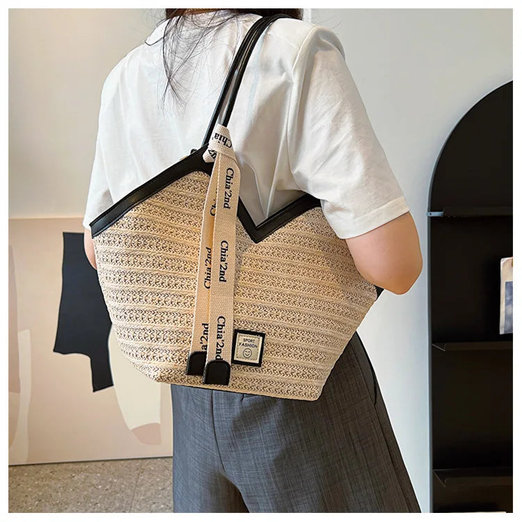 Ladies Beach Bag Vintage Handmade Woven Shoulder Handbag Large Capacity Rattan Bags Summer Vacation Casual Handbags Bolso Mujer