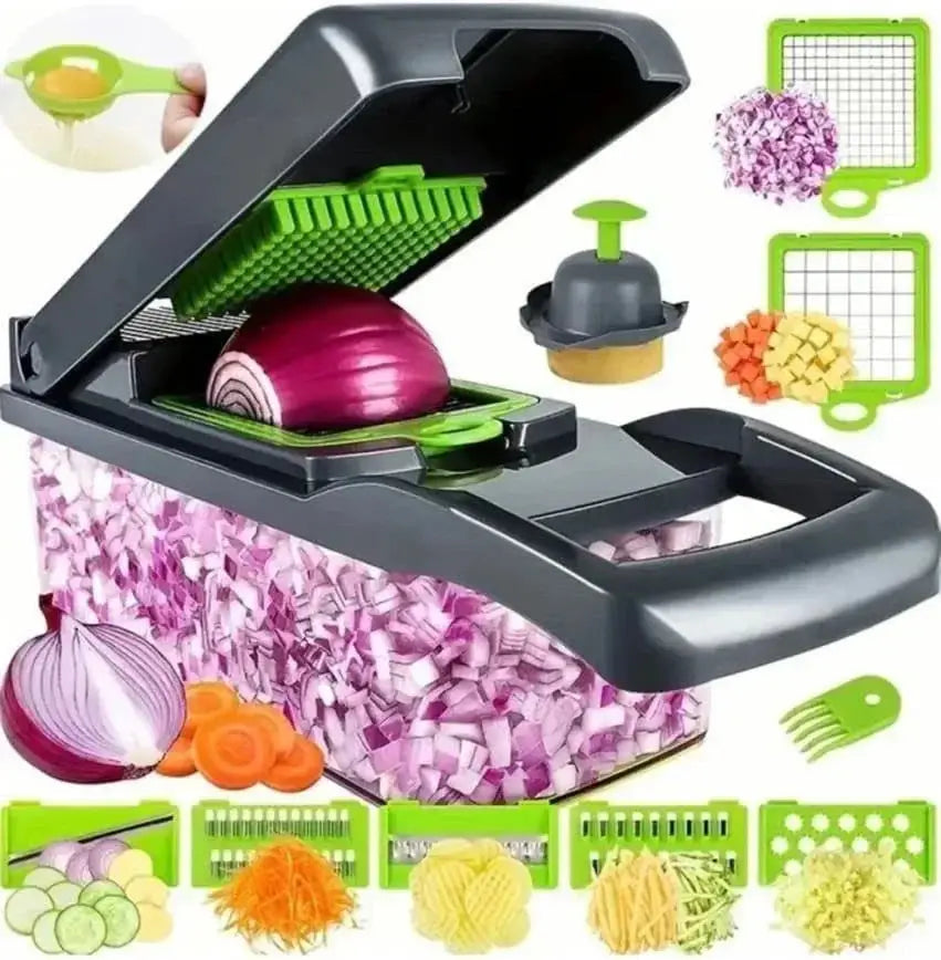 Chopper de verduras multifuncional con cuchillas de acero inoxidable y accesorios intercambiables. Ideal para cortar y rallar con precisión.