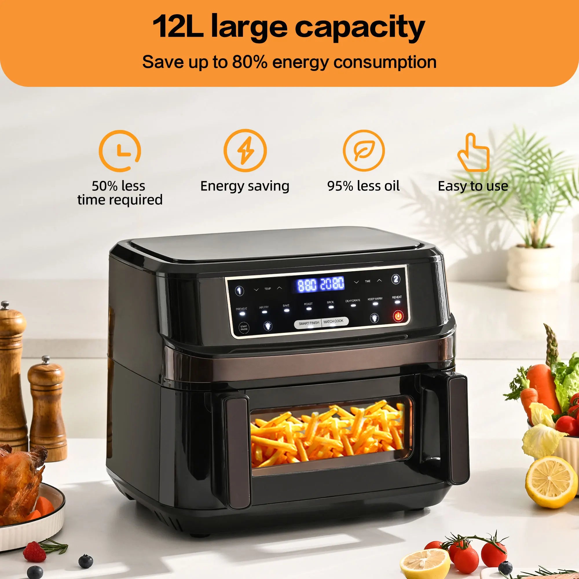 12L Hot Air Fryer One or Dual Chambers Adjustable, XXL Airfryer with Touchscreen 8 Programmes, Hot Air Fryer with Viewing Window