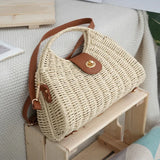2024 Summer New Artistic Vintage Woven Handbag Single Shoulder Crossbody Bag Beach Vacation Fiberglass Strap Polyester Lining
