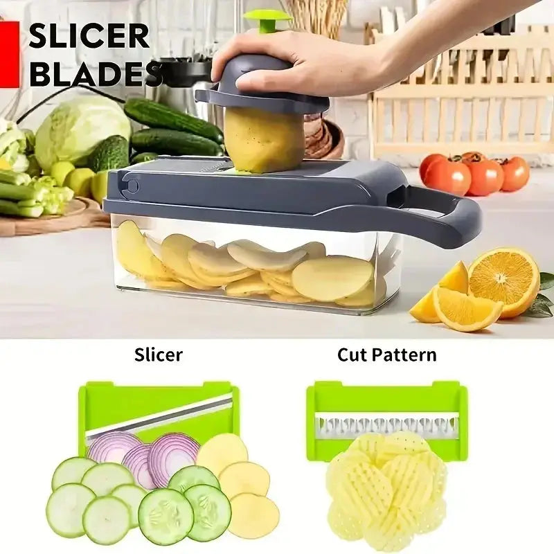 Rebanador de verduras con cuchillas intercambiables para cortes en rodajas y patrones decorativos. Perfecto para frutas y verduras.