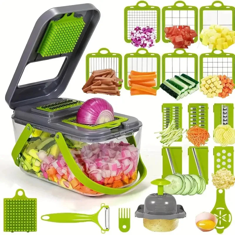 Cortador de verduras multifuncional 16/25 en 1 con múltiples cuchillas intercambiables para rebanar, rallar y picar alimentos en la cocina.