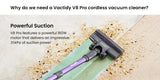 Vactidy V8 Pro Cordless Vacuum Cleaner 25kPa Powerful Suction Cyclonic Filtration System LED Display 180 ° Rotary Brush Head