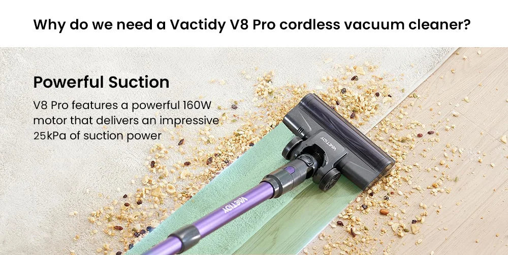 Vactidy V8 Pro Cordless Vacuum Cleaner 25kPa Powerful Suction Cyclonic Filtration System LED Display 180 ° Rotary Brush Head