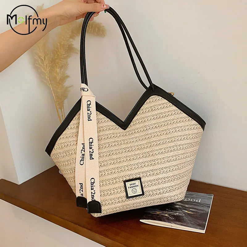 Ladies Beach Bag Vintage Handmade Woven Shoulder Handbag Large Capacity Rattan Bags Summer Vacation Casual Handbags Bolso Mujer