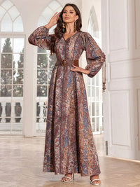 TOLEEN 2024 Fashion Women Spring/Summer Long Elegant Arab Style Lantern Sleeve Caftan Dress With Paisley Flower Print And V-Neck