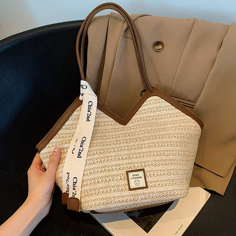 Ladies Beach Bag Vintage Handmade Woven Shoulder Handbag Large Capacity Rattan Bags Summer Vacation Casual Handbags Bolso Mujer