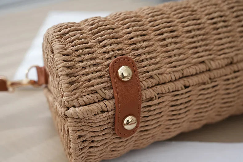 2024 Summer New Artistic Vintage Woven Handbag Single Shoulder Crossbody Bag Beach Vacation Fiberglass Strap Polyester Lining