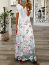 Spring Summer Women's New Fashionable Printed V-neck Sexy Lace Lace Patchwork Single Breasted Long Casual Comfortable Dress