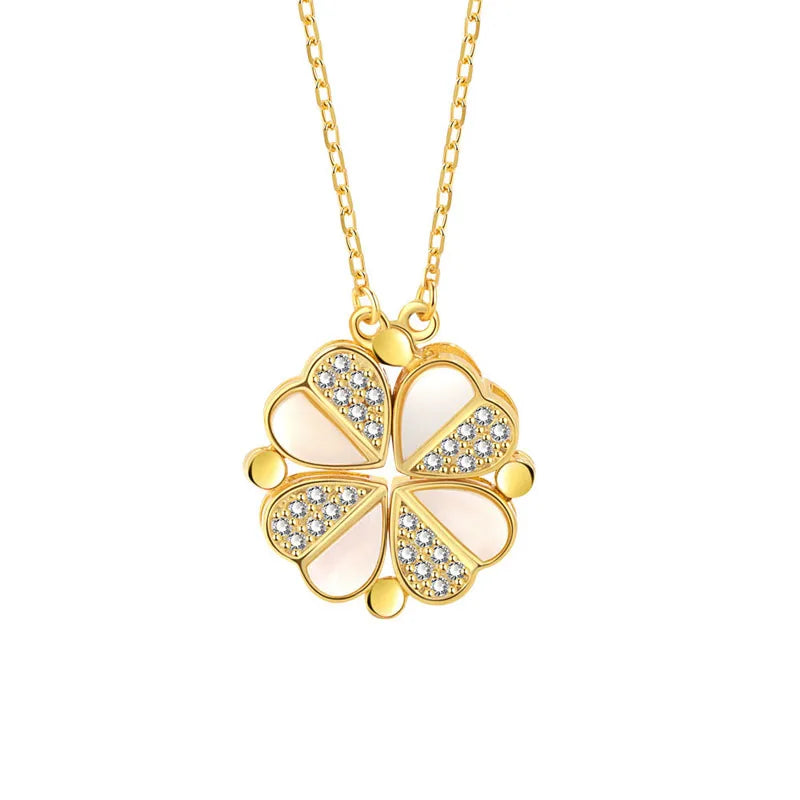 KOFSAC Luxurious Two In One Love Heart Four Leaf Clover Necklace 925 Silver Jewelry Zircon Lucky Grass Fashion Women Girl Gifts