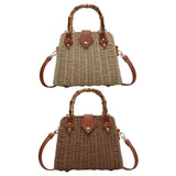 Summer Shoulder Bag Bamboo Handle Ladies Woven Tote Handmade Casual Fashion Simple Portable Adjustable Strap for Seaside Holiday