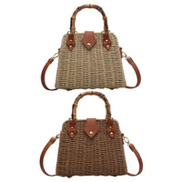 Summer Shoulder Bag Bamboo Handle Ladies Woven Tote Handmade Casual Fashion Simple Portable Adjustable Strap for Seaside Holiday
