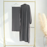 2 Piece Abaya Kimono + Inner Dress Matching Muslim Set Women Dubai Luxury Ramadan Balloon Sleeve Wrinkles Islamic Outfit Kaftan