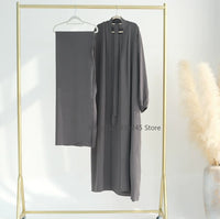 2 Piece Abaya Kimono + Inner Dress Matching Muslim Set Women Dubai Luxury Ramadan Balloon Sleeve Wrinkles Islamic Outfit Kaftan