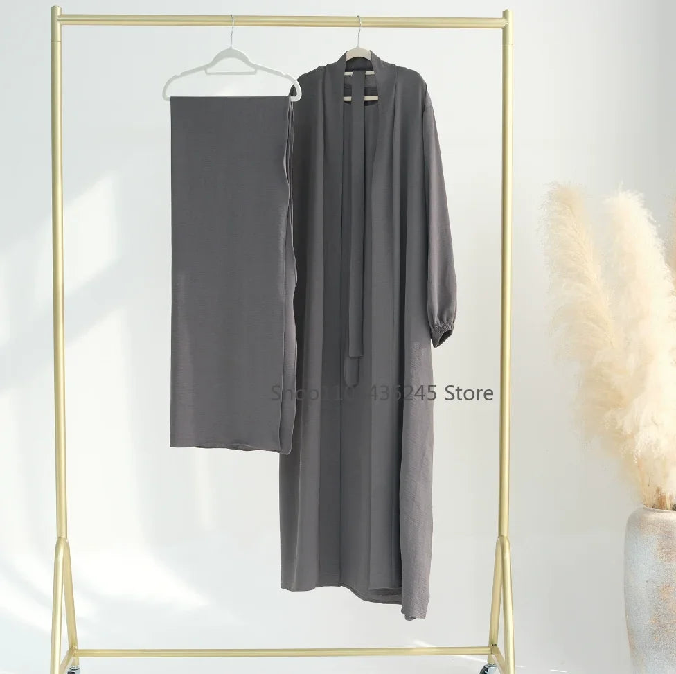 2 Piece Abaya Kimono + Inner Dress Matching Muslim Set Women Dubai Luxury Ramadan Balloon Sleeve Wrinkles Islamic Outfit Kaftan