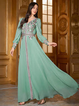 TOLEEN-Women's Kaftan Jalabiya Dress, Moroccan Style Dresses, Floral Embroidery Patchwork, Jacquard Belt, Luxury, Elegant, 2024