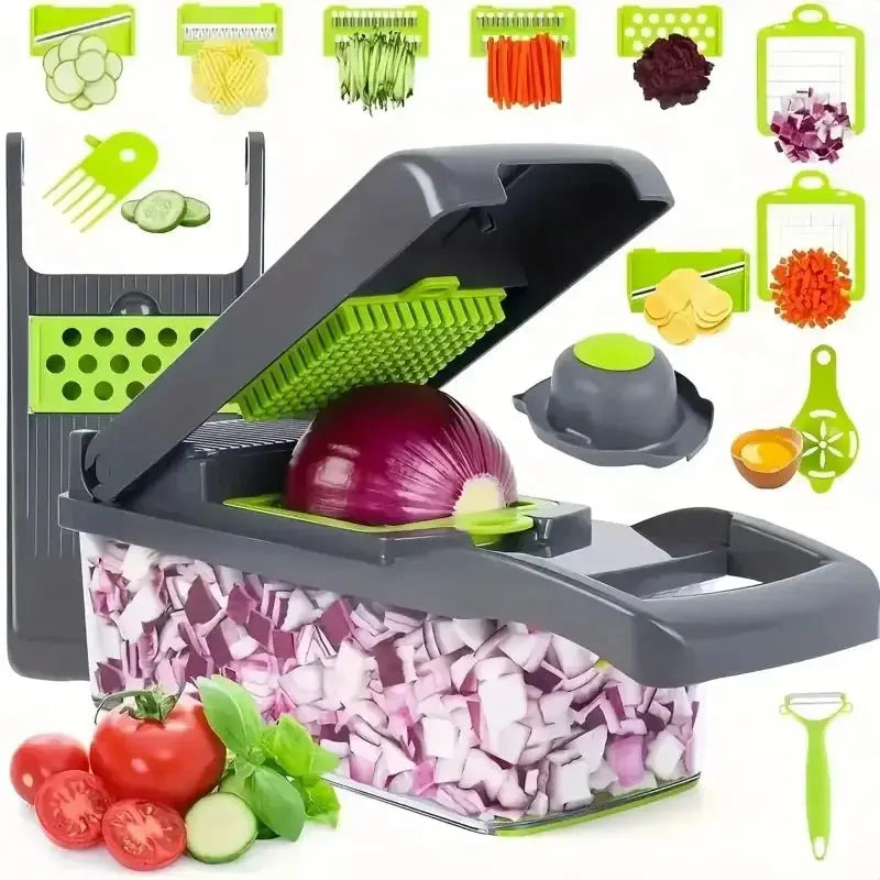 Chopper de verduras multifuncional con cuchillas intercambiables para cortar, rallar y picar. Diseño ergonómico con recipiente integrado.