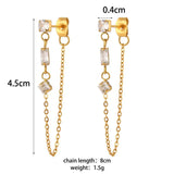 E.B.belle Micro Paved Rectangle Square Round Crystal Long Chain Drop Earring Front and Back Side Stainless Steel Earring