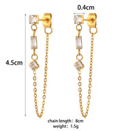E.B.belle Micro Paved Rectangle Square Round Crystal Long Chain Drop Earring Front and Back Side Stainless Steel Earring