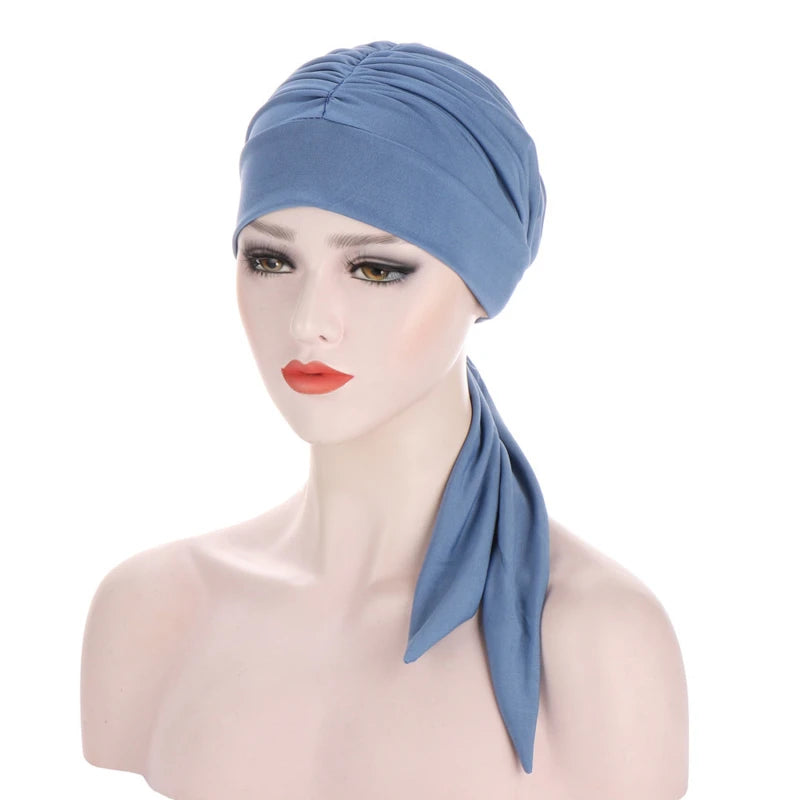 Muslim Women Stretch Solid Wrinkle Turban Hat Cancer Chemo Beanies Caps Pre-Tied Scarf Headwear Headwrap Plated Hair Accessories