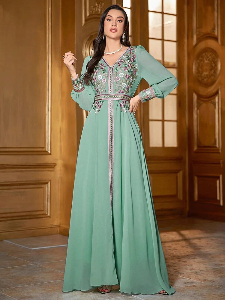 TOLEEN-Women's Kaftan Jalabiya Dress, Moroccan Style Dresses, Floral Embroidery Patchwork, Jacquard Belt, Luxury, Elegant, 2024
