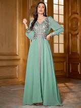 TOLEEN-Women's Kaftan Jalabiya Dress, Moroccan Style Dresses, Floral Embroidery Patchwork, Jacquard Belt, Luxury, Elegant, 2024