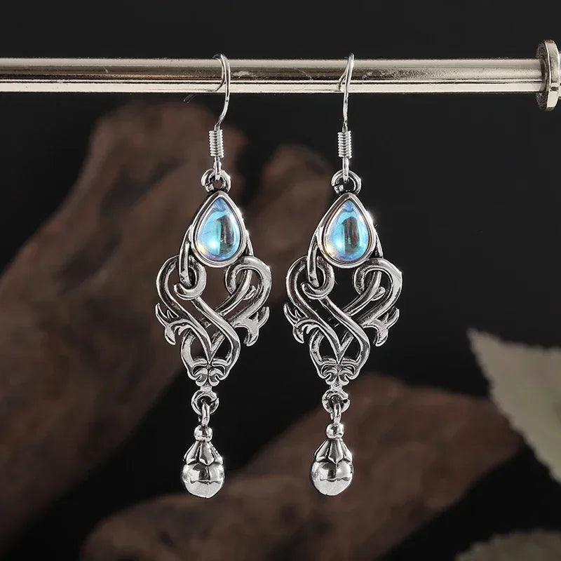 Silver-Plated Carved Flower Drop-Shaped Large Earrings Hypoallergenic Earrings for Women Retro Fashion Casual Party Jewelry