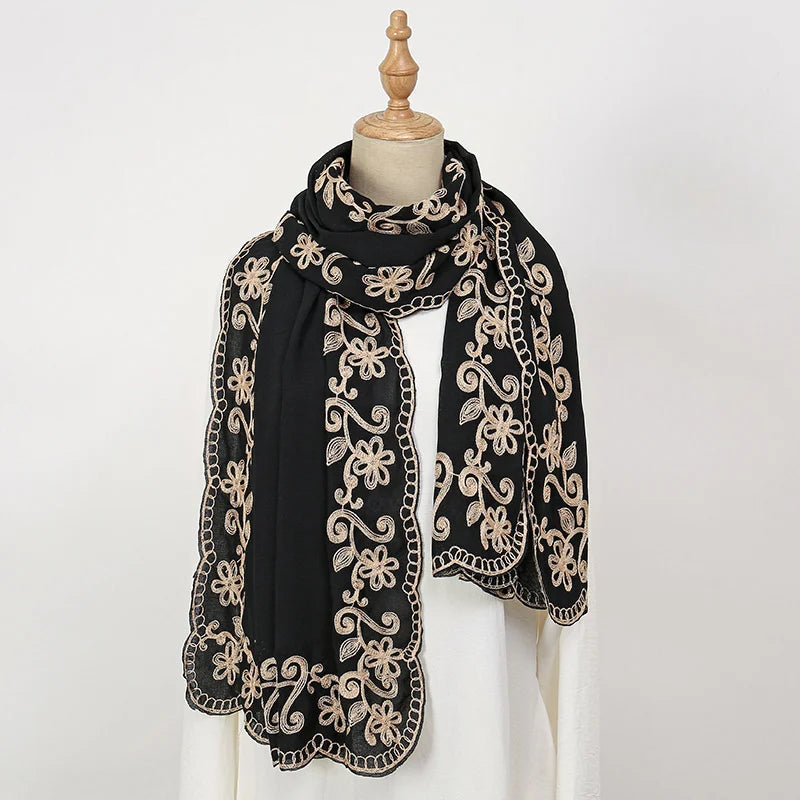 New Embroidery Cotton Hijab Scarf For Women Foulard Elegant Flower Long Scarf Headscarf Wraps Bandana Muslim Hijab Shawl Travel