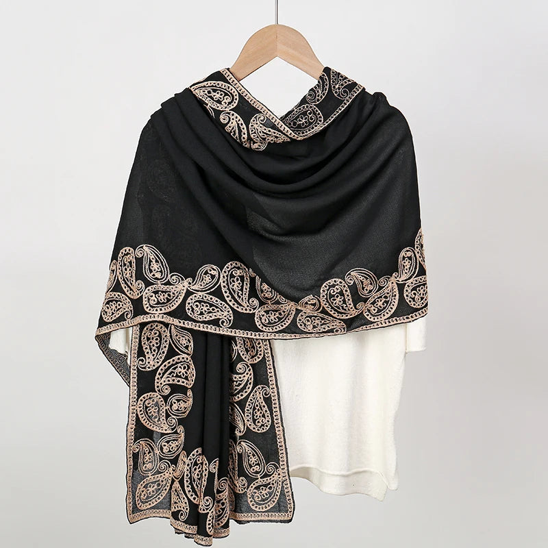 New Embroidery Cotton Hijab Scarf For Women Foulard Elegant Flower Long Scarf Headscarf Wraps Bandana Muslim Hijab Shawl Travel