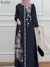ZANZEA Long Sleeve Islamic Long Robes Abaya Women Muslim Fashion O Neck Casual Vestidos Loose Turkey Floral Printing Maxi Dress