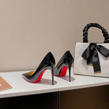 2023 New Style Patent Leather Black Red Base Fine Heel Pointed Toe High Heel Shoes Sexy Versatile Niche Elegant 10cm Single Shoe