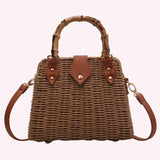 Summer Shoulder Bag Bamboo Handle Ladies Woven Tote Handmade Casual Fashion Simple Portable Adjustable Strap for Seaside Holiday