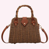 Summer Shoulder Bag Bamboo Handle Ladies Woven Tote Handmade Casual Fashion Simple Portable Adjustable Strap for Seaside Holiday