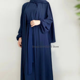 2 Piece Abaya Kimono + Inner Dress Matching Muslim Set Women Dubai Luxury Ramadan Balloon Sleeve Wrinkles Islamic Outfit Kaftan