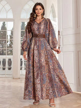 TOLEEN 2024 Fashion Women Spring/Summer Long Elegant Arab Style Lantern Sleeve Caftan Dress With Paisley Flower Print And V-Neck