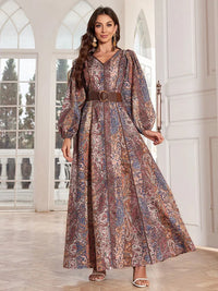 TOLEEN 2024 Fashion Women Spring/Summer Long Elegant Arab Style Lantern Sleeve Caftan Dress With Paisley Flower Print And V-Neck