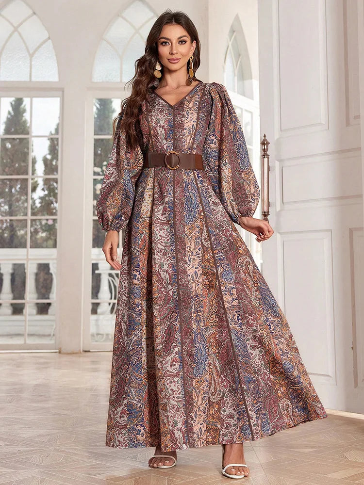 TOLEEN 2024 Fashion Women Spring/Summer Long Elegant Arab Style Lantern Sleeve Caftan Dress With Paisley Flower Print And V-Neck