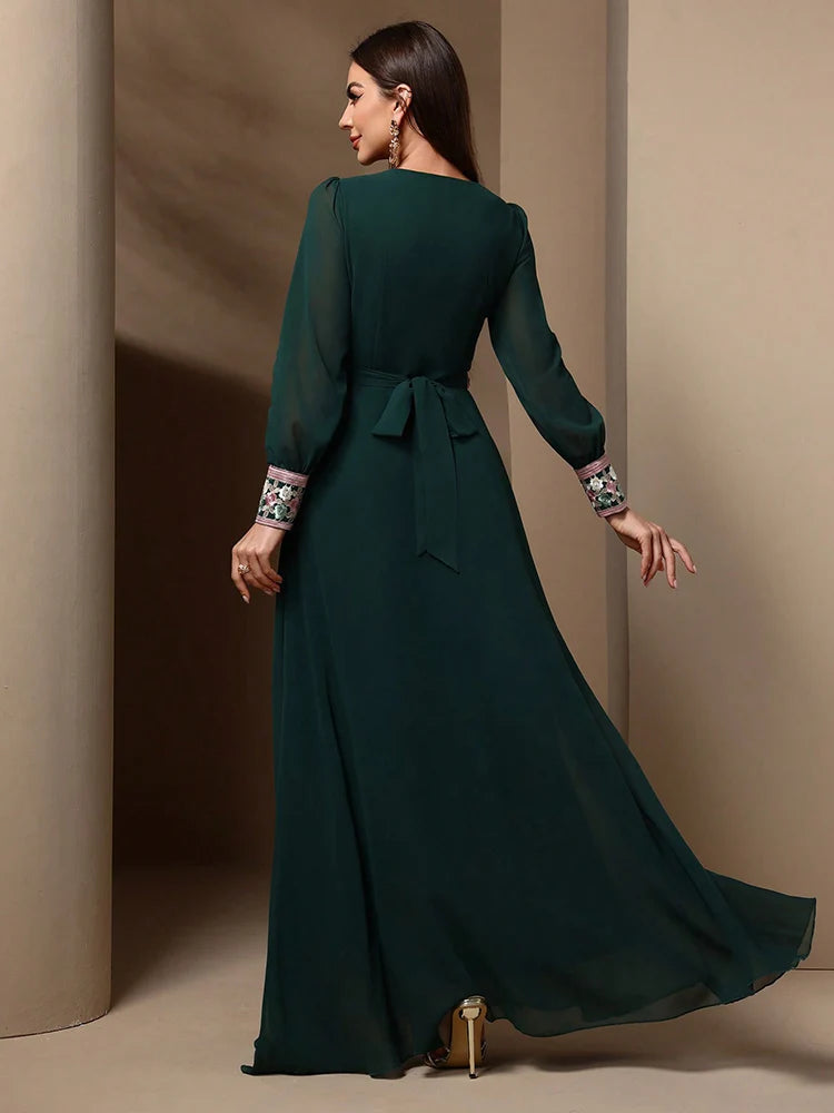 TOLEEN-Women's Kaftan Jalabiya Dress, Moroccan Style Dresses, Floral Embroidery Patchwork, Jacquard Belt, Luxury, Elegant, 2024