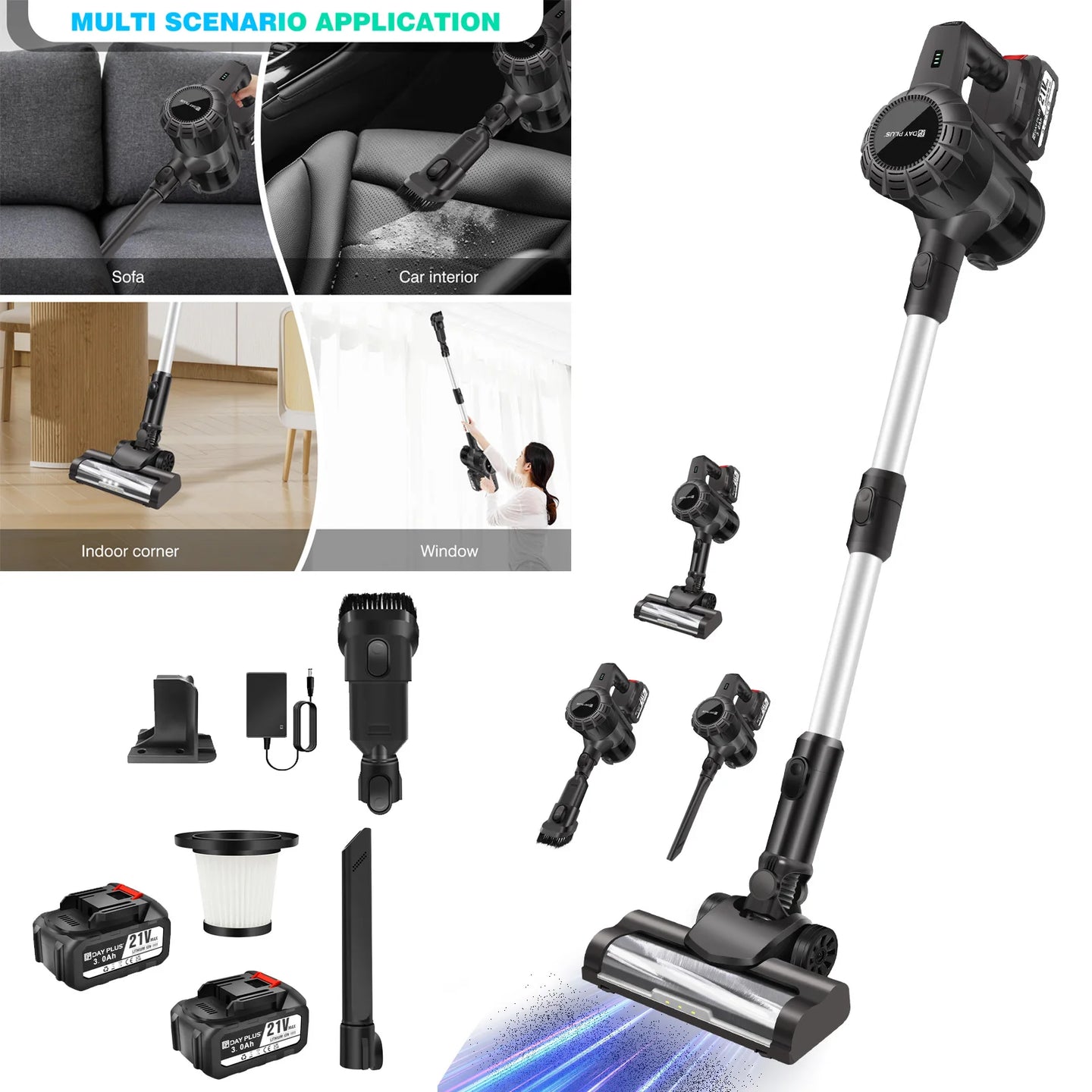 DayPlus Cordless Upright Stick Vacuum Cleaner,3 In 1 Wireles Handheld Vacuum Cleaner 130000RPM Brushless for Carpets, Hard Floor