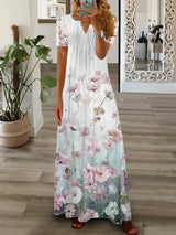 Spring Summer Women's New Fashionable Printed V-neck Sexy Lace Lace Patchwork Single Breasted Long Casual Comfortable Dress