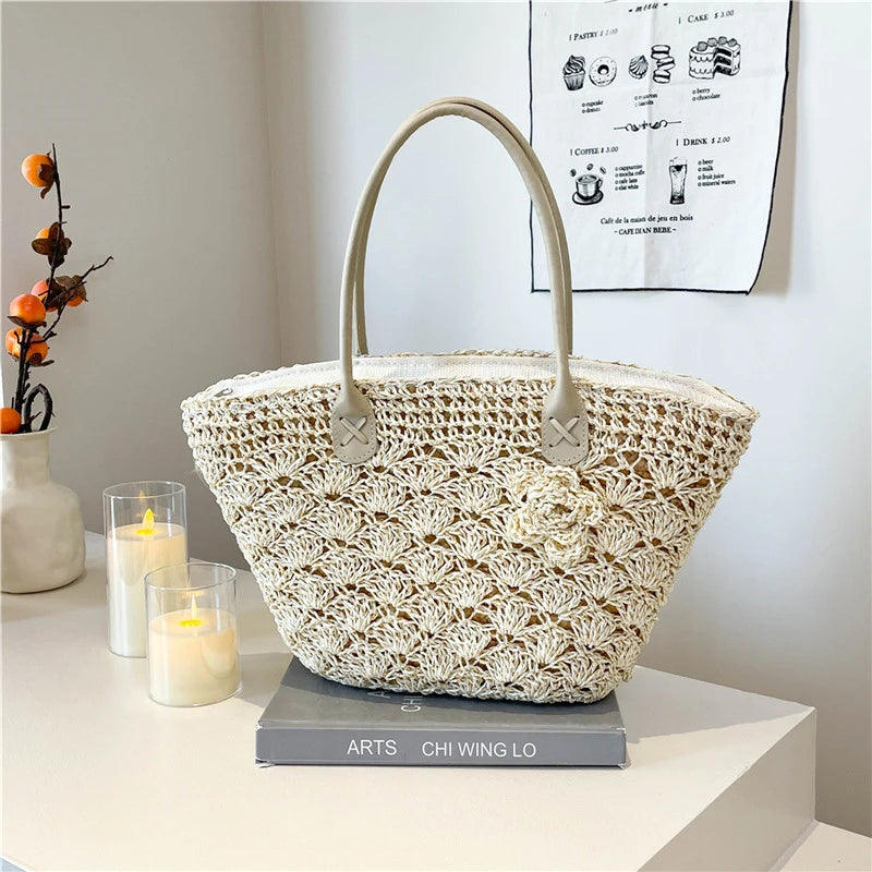 Summer Large Capacity Hand Knitting Straw Bag with Inner Pocket Casual Crochet Beach Handbag Travel Vacation Shopping Tote 2025