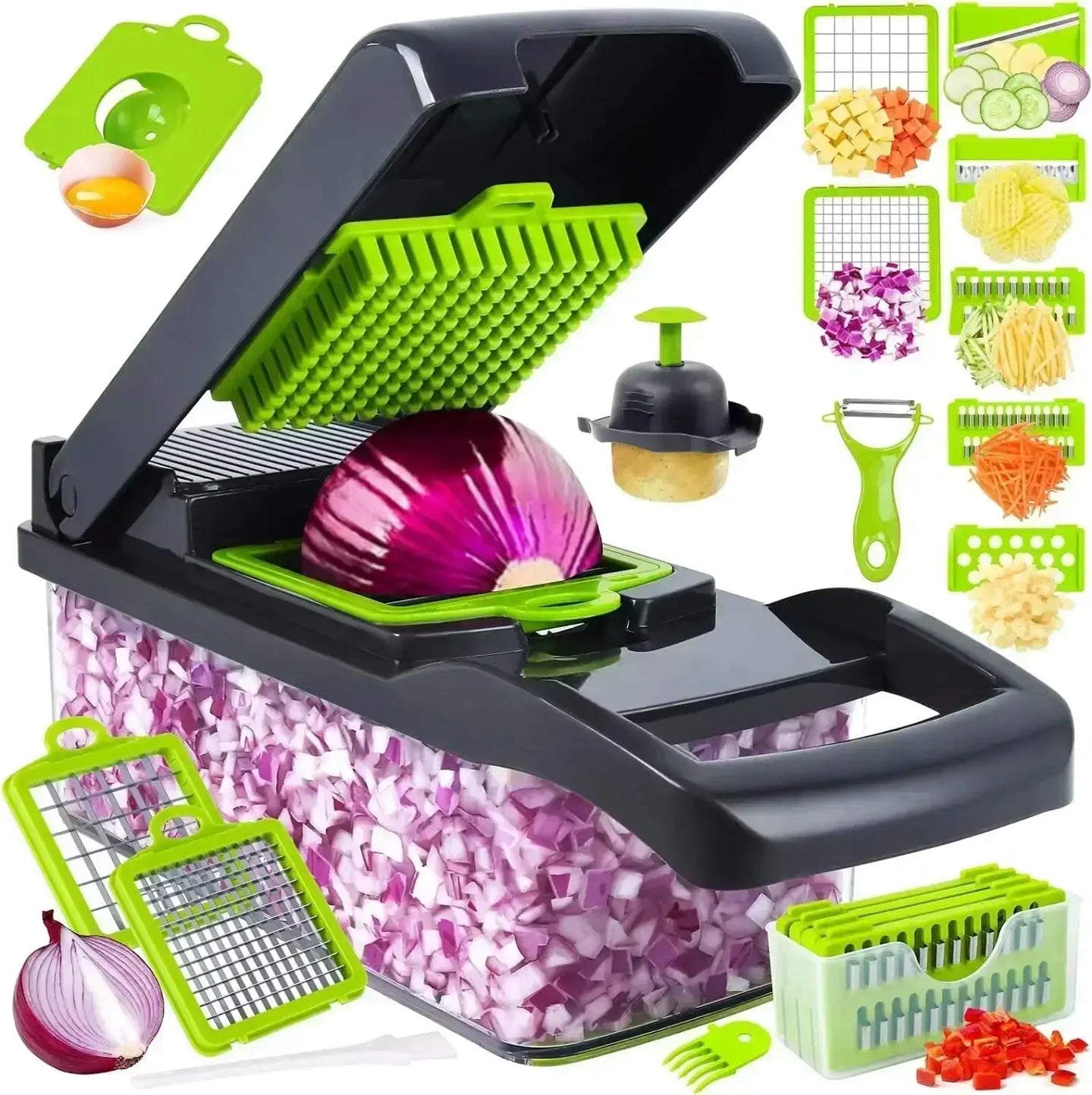 Cortador de verduras 12 en 1 multifuncional y manual con contenedor. Ideal para picar, rallar y rebanar cebollas, papas y más. Herramienta esencial de cocina.