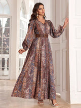 TOLEEN 2024 Fashion Women Spring/Summer Long Elegant Arab Style Lantern Sleeve Caftan Dress With Paisley Flower Print And V-Neck