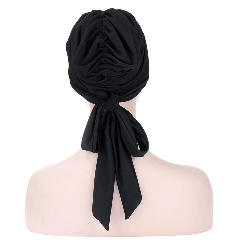 Muslim Women Stretch Solid Wrinkle Turban Hat Cancer Chemo Beanies Caps Pre-Tied Scarf Headwear Headwrap Plated Hair Accessories