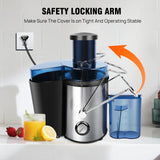 Extractor de jugos de 1000W con brazo de bloqueo de seguridad, ideal para frutas y verduras enteras. Diseño de acero inoxidable con jarra de 500ML.