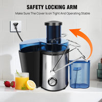 Extractor de jugos de 1000W con brazo de bloqueo de seguridad, ideal para frutas y verduras enteras. Diseño de acero inoxidable con jarra de 500ML.