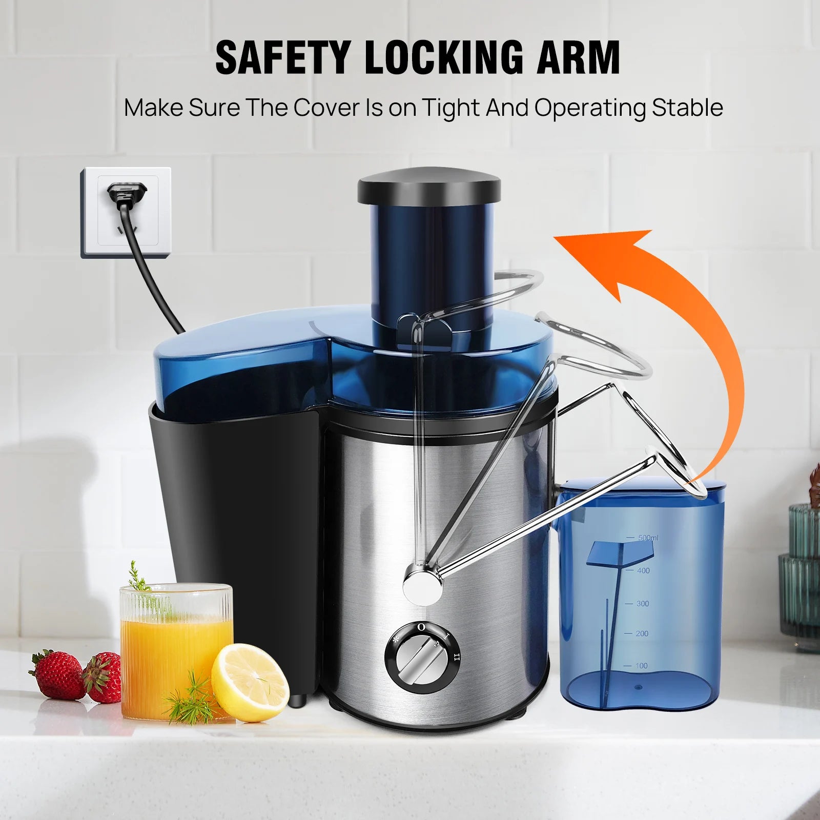 Extractor de jugos de 1000W con brazo de bloqueo de seguridad, ideal para frutas y verduras enteras. Diseño de acero inoxidable con jarra de 500ML.