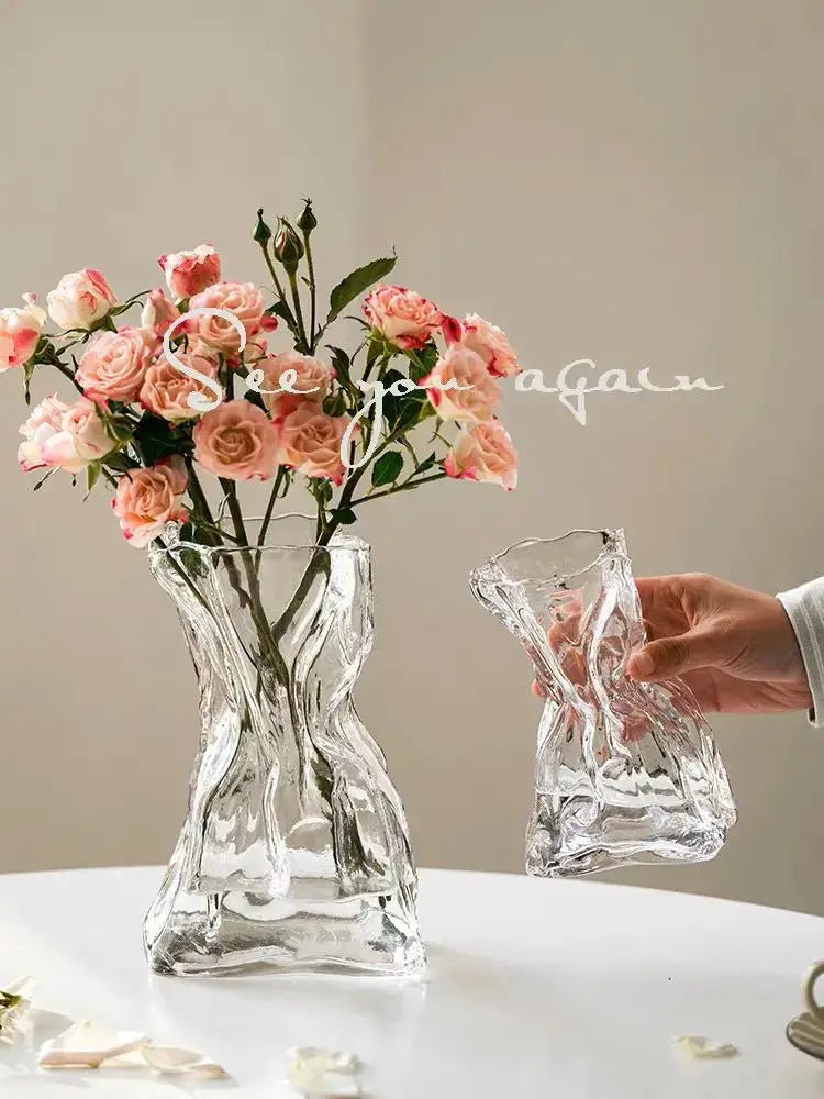 Irregular Transparent Glass Flower Vase 23cm*9cm Big Flower Bottle Tabletop Hydroponic Pot Home Living Room Table Decorations