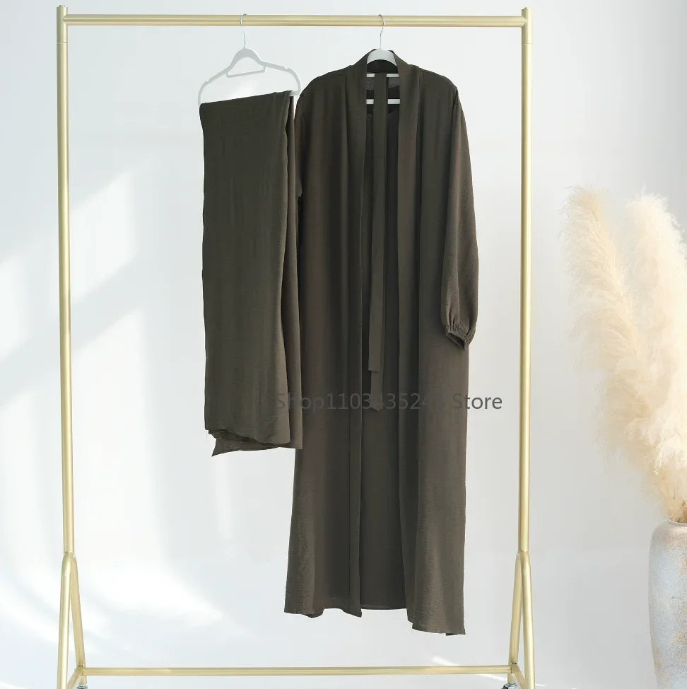 2 Piece Abaya Kimono + Inner Dress Matching Muslim Set Women Dubai Luxury Ramadan Balloon Sleeve Wrinkles Islamic Outfit Kaftan