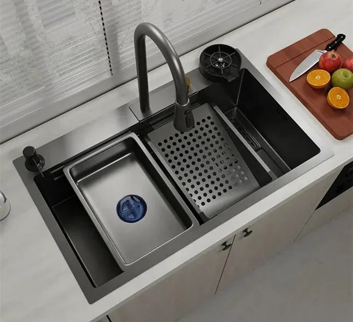 Stainless Steel water fall  kitchen sink Modern Design Handmade Sink with Cup Washer for Bar Cafe Kitchen Island